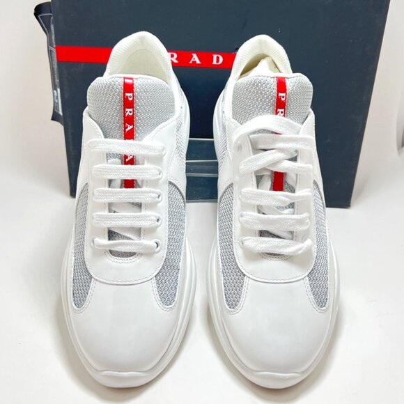 Prada Americas Cup Sneakers Women Bianco Argento Patent Leather Sneakers Size 40 - Picture 5 of 13